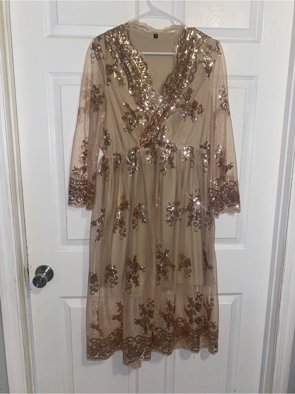 Embellished Nude Mesh Midi Dress with Sequin Detail